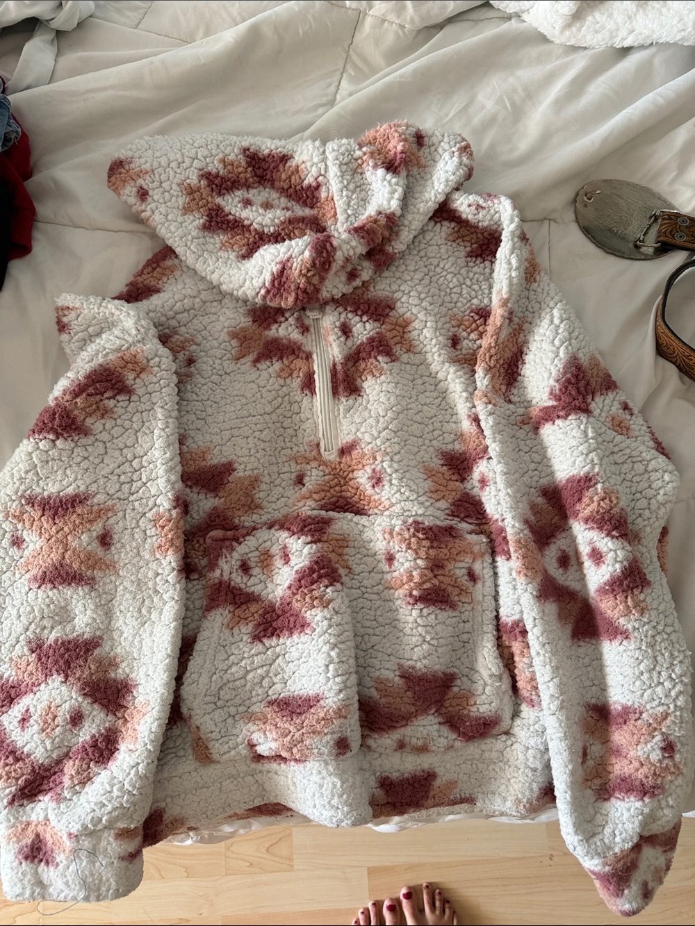 NOBO Cream Sherpa Oversize Quarter-Zip Hoodie with Rose and Mauve Aztec Pattern